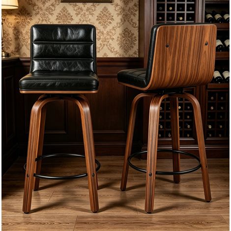 Sgabello da bar girevole 360° in PU nero con gambe in legno e poggiapiedi (1/5)