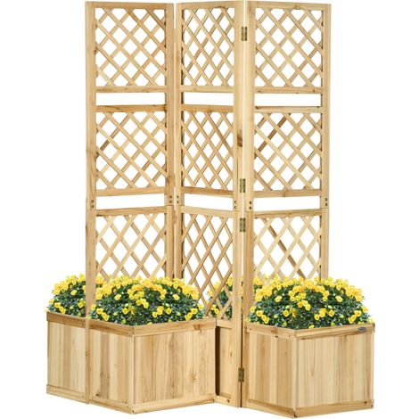 CHICFURN Biombo de balcón 133 x 165 cm de 3 piezas de madera natural con 4 jardineras (1/5)