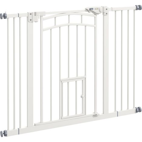 Barrière d'escalier para perros de acero blanco 74-100 cm sin taladros con trampilla para gatos (1/5)