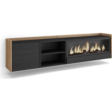 Skraut Home - Mueble TV, Televisión, Muebles de salón, almacenaje, 212x35x50cm, Para TV hasta 80", Chimenea eléctrica XXL, Colgado, Suspendido, Estilo Moderno, Negro y roble (1/5)