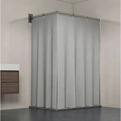 Tringle à rideau de douche pliable, utilisée pour séparer les zones humides et sèches, grise (y compris rideau de douche bleu) (1/5)