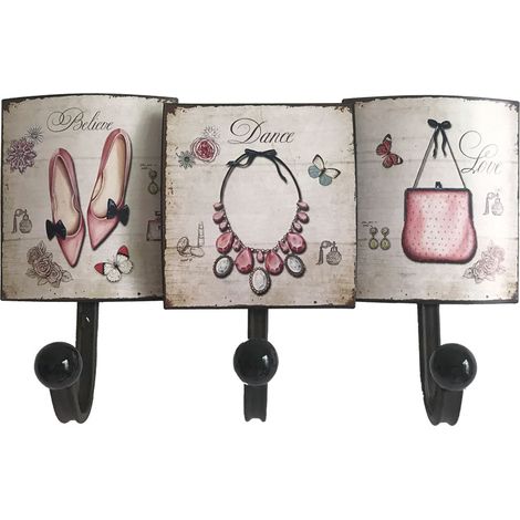 Garderobenbrett mit Haken Blechschilder Wandgarderobe Paneel Bild Garderobe Aufhängung, 3 verschiedene Motive mit Accessoires, LxH 34,5x21 cm, Flur