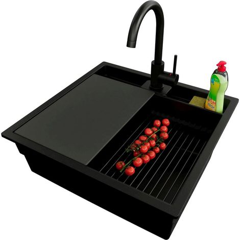 PRIMAGRAN Evier Sous Plan 56x54cm,Evier en Granit 1 bac + Robinet 32x20cm + Kit de Vidage + Accessoires, Évier au meuble 60cm - Bergen Pocket, Tout Noir