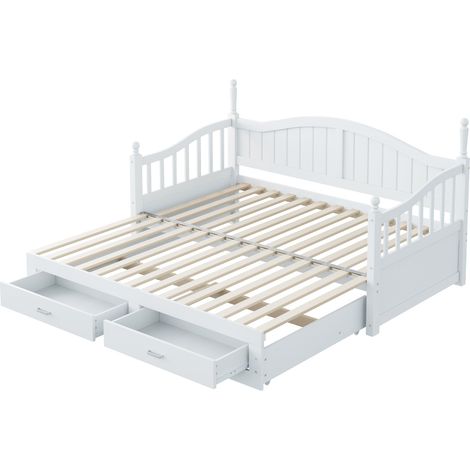 Canapé-lit extensible en bois massif 90/180190 cm, avec colonnes romaines, dossier incurvé et accoudoirs, avec tiroirs et sommier à lattes, lit multifonction en pin, blanc (1/5)