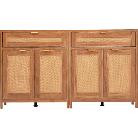 Mophorn Juego de 2 armarios de ratán , acabado natural, con 4 puertas magnéticas y 2 cajones, estantes ajustables para un almacenamiento espacioso, ideal para pasillos, entradas, salas de estar
