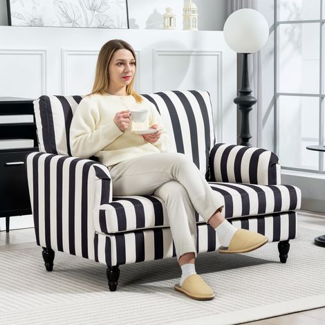 Fauteuil lounge large en velours rayé avec ressorts en S. 115 x 82 x 82 cm. Noir et blanc.