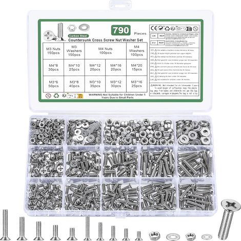 790 Pcs Vis M3 M4 Tête Fraisée Cruciforme et Écrous, Boulons Tête Cruciforme Écrous, Visserie Boulon Argent
