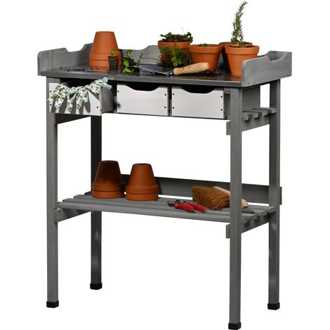 Table à Plantes avec 3 tiroirs et étagère de Rangement, en Bois Massif, avec Capuchons de Protection, Table de Jardin d'extérieur avec Plan de Travail galvanisé, 78 x 38 x 88 cm, Gris et Blanc (1/4)