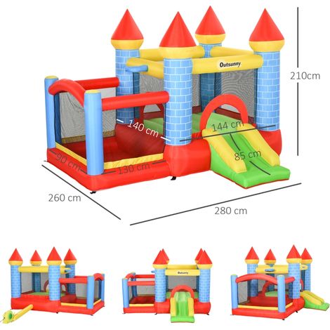 Château gonflable 3 en 1 toboggan piscine pour enfants 3-8 ans, gonfleur inclus, 280x260x210 cm rouge bleu vert (1/4)