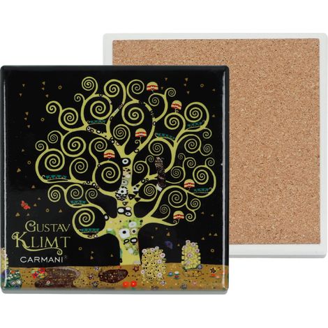 Carmani, sottobicchiere quadrato in ceramica - Klimt/Albero della Vita (sfondo scuro) (1/4)