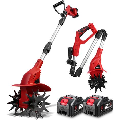 Motozappa elettrica brushless, impugnatura pieghevole 133 cm, profondità di taglio 15 cm, larghezza di taglio 20 cm, 4 lame in acciaio - 2 batterie da 3000 mAh