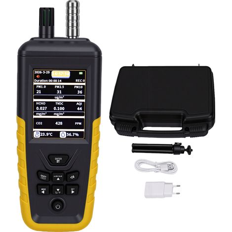 Testeur de qualité de l'air, compteur de particules de poussière PM1.0 PM2.5 PM10 CO₂ TVOC HCHO, détecteur d'indice avec température et humidité (1/5)