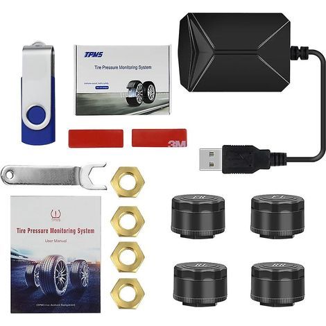 TPMS car tire pressure monitoring system, compatible with Android and via USB, with 4 external sensors, monitoring alarm up to 116 psi, 5V wireless transmission (sensor) (1/5)