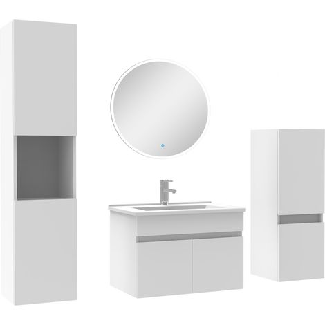 Meubles simple vasque 60cm,meuble acve colonne et miroir rond Blanc (1/5)