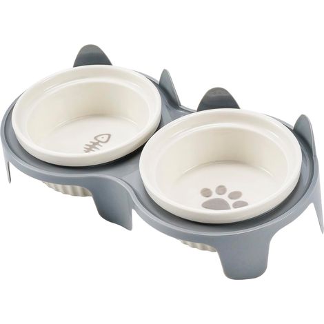 Ensemble de 2 gamelles en céramique pour chat avec support, récipient pour nourriture pour animaux en forme de chat (gris) (1/4)