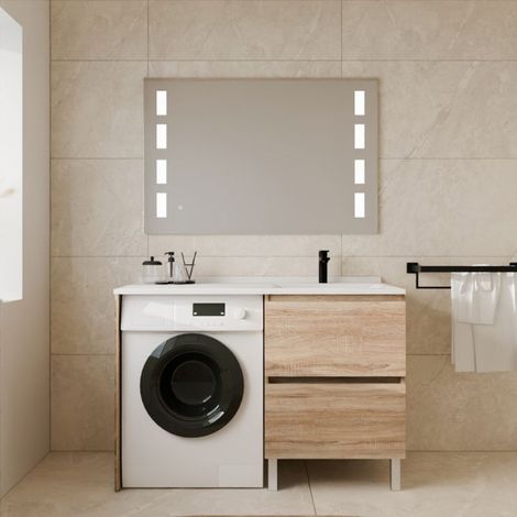 Cuisibane – Meuble lave-mains 60 cm avec 2 tiroirs – Plan vasque déportée à droite – Résine synthétique – Hauteur ajustable avec vérin