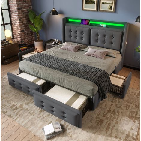 Cama con espacio de almacenamiento 160x200 cm de tela algodón y lino gris, LED, USB-C, USB, somier y 4 cajones (1/5)