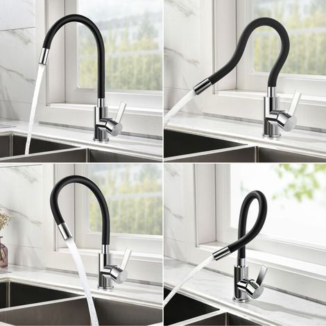 Mitigeur Évier avec Bec Flexible, Robinet de Cuisine, Cuisine Mitigeur Flexible Rotative à 360°, Eau Chaude et Froide,Chrome, Noir (1/5)