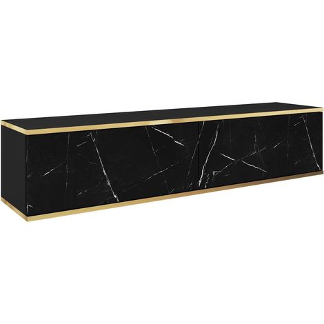 Meuble TV, Noir Mat / Noir royal marbre, 135 x 32 x 30 cm, Push to Open (1/5)
