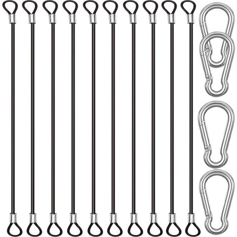 Lot de 10 attaches en acier inoxydable de 40 cm avec 4 mousquetons à ressort, câble en fil d'acier avec boucles, revêtement en vinyle, chaînes d'attache courtes, noires (1/5)