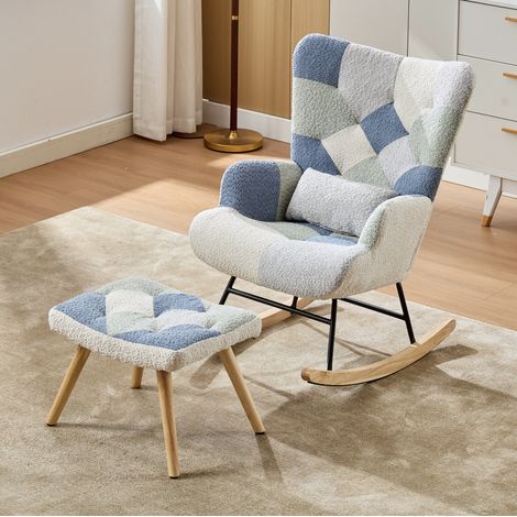 Poltrona a dondolo con poggiapiedi, tessuto beige e blu, 84 x 68 x 91 cm, OKMYHOME (1/5)