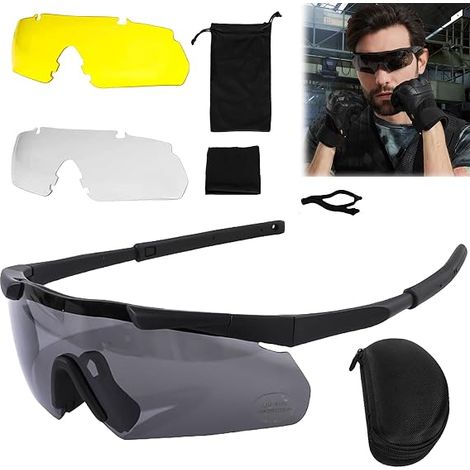Lunettes de tir avec 3 verres interchangeables, lunettes de protection avec verres transparents anti-buée et résistants aux rayures, réglables, protection des yeux résistante aux chocs