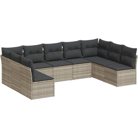 Set muebles jardín 9 pzas y cojines ratán sintético gris claro vidaXL (1/3)
