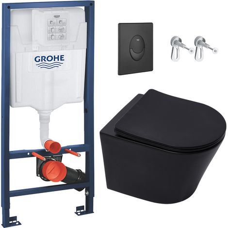 Grohe Bastidor de soporte Rapid SL + Inodoro Infinitio  sin brida  negro mate + Asiento Softclose + Placa negro mate