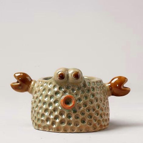Pot à succulentes céramique forme crabe, pot fleurs/bonsaï pour succulentes, herbes aromatiques, cactus - Décoration intérieure verte (1/5)