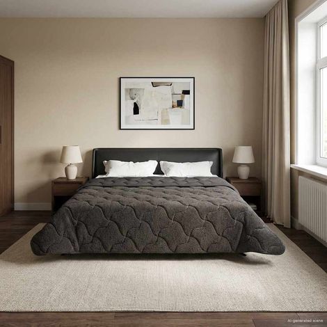 Couette d’hiver réversible matelassée en microfibre et polaire teddy anthracite 220 x 240 cm - PANGIVO (1/5)