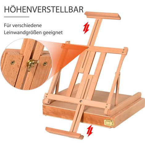 Chevalet de bureau HOMCOM, support inclinable ajustable avec poignée, mallette de peinture et croquis, chevalet d'atelier repliable doté d'un tiroir, bois de hêtre massif naturel