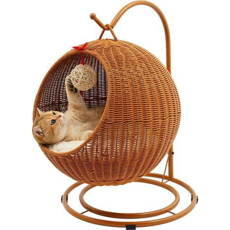 Balançoire pour chat – Fauteuil suspendu pour chat, hamac pour chat, panier suspendu en rotin, autoportant, charge de 7,5 kg, griffoir, coussin doux, pour salon/balcon (marron jaune) (1/5)