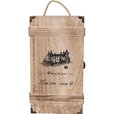 Coffret à vin vintage en bois pour 2 bouteilles - Rangement portable élégant avec corde décorative (1/5)