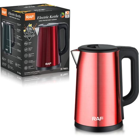 Bouilloire électrique (rouge) aux normes européennes 2,5 L, haute puissance, double paroi, arrêt automatique et protection anti-surchauffe (1/5)