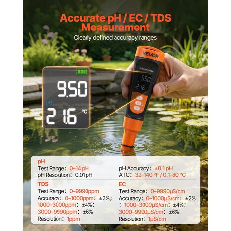 pH Mètre Numérique, Testeur de pH/EC/TDS pour Analyse de l'Eau, Kit de Test Portable avec Sonde Étanche IP68, pour Aquarium, Hydrop… (1/5)