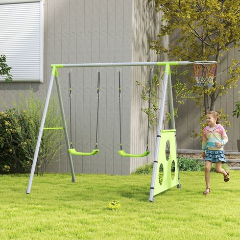 Columpio de jardín 3 en 1 para niños de 3 a 8 años con columpio para bebés, aro de baloncesto y portería de fútbol. Estructura metálica en forma de A para uso exterior. Capacidad de carga: 90 kg.