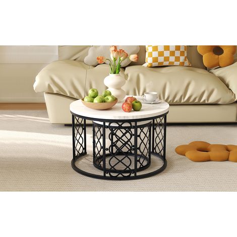 Table basse gigogne 2 pièces avec plateau MDF effet marbre, cadre métal, pour salon ou balcon (1/5)