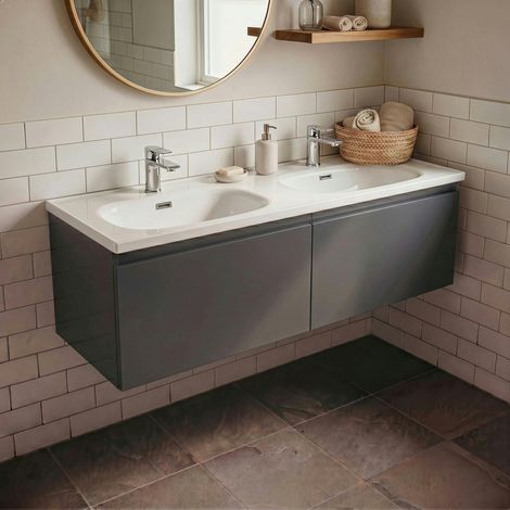 Meuble double vasque suspendu gris foncé 2 tiroirs SELIA (1/4)
