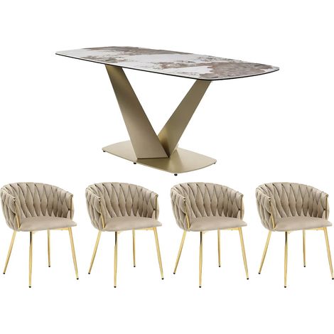 Set tavolo PORELIMA + 4 sedie ELEGANO Effetto marmo Bianco e Beige (1/5)