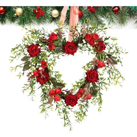 Valentinstagskranz, Valentinstags-Dekorationen, , rote Rosen-Herz- , Blumenrosen-Türkranz, künstlicher Blumenkranz, 40 cm , Valentinstagsdekoration (1/5)
