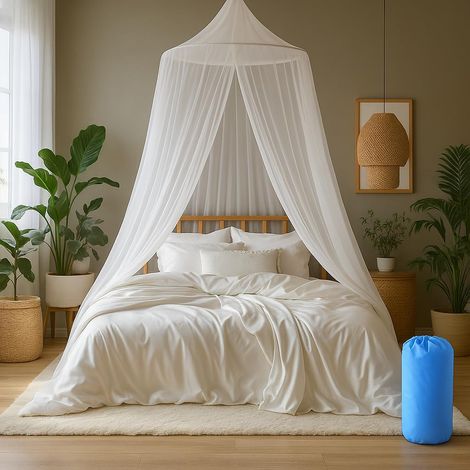 Moustiquaire pour lit  Protection Contre Les Insectes pour Lits Simples et Doubles - idéale pour Les Voyages  Auvent Comprenant Chevilles, Crochets adhésifs et Sac (White) (1/5)