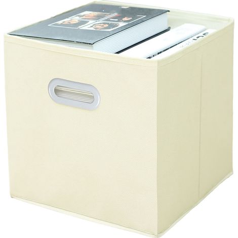 Lot de 2 cubes de rangement en tissu pliables 28 cm, avec poignées, grands bacs de rangement pliables pour placard maison, beige (1/5)