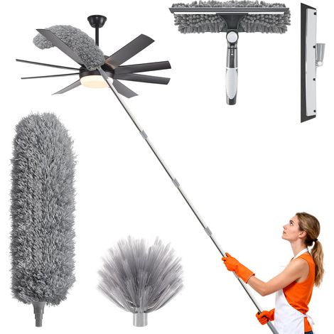 Spolverino telescopico, kit per spolverare ad alta portata, spazzola di pulizia telescopica e testa in microfibra, tergivetro con raschietto, spazzola ragnatela per