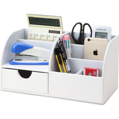 Organizer da scrivania multifunzionale con scomparto in pelle (bianco) (1/5)