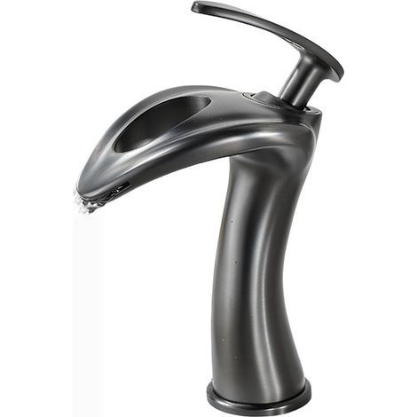 Single-lever waterfall bathroom faucet, brass bathroom basin mixer tap with spray gun - Grey (1/5)