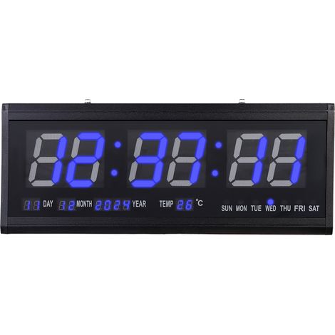48x19cm Horloge murale noire et bleue, horloge murale avec date et température, horloge murale numérique à LED pour la maison, le bureau ou la salle de classe (1/5)