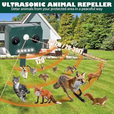 Lot de 2 répulsifs anti-martres, répulsif pour chats, répulsif solaire à ultrasons 120° pour chiens avec lumière LED, répulsif pour animaux résistant aux intempéries IP45 pour martres, chats, ratons l (1/4)