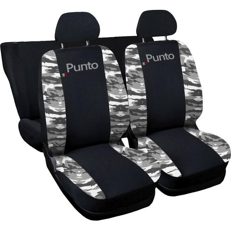 Lupex shop - Coprisedili Auto Compatibili per Punto, Made In Italy, anteriori e posteriori con copri poggiatesta incluso, tessuto poliestere, colore - Nero\Mimetico chiaro