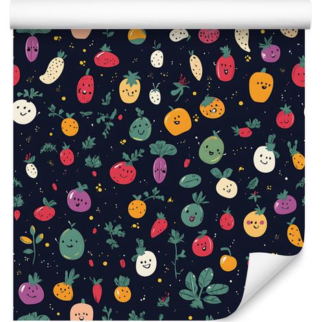 Papier peint Kawaii Légumes Bleu marine et Turquoise pour salon et chambre 50x1000 cm (1/4)