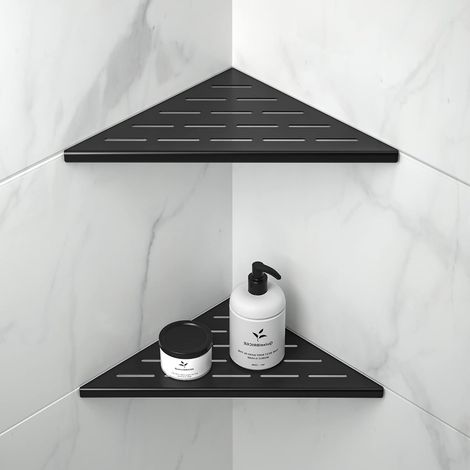 Étagère d'angle de douche en acier inoxydable 304 avec design à emboîture, étagère de douche de 25,4 cm pour mur carrelé, sans perçage, noir mat, lot de 2 (1/5)